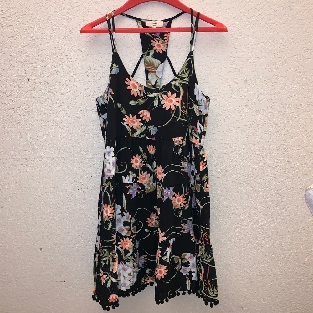 Floral Black Entero Strappy Dress Pom Pom lined Hx